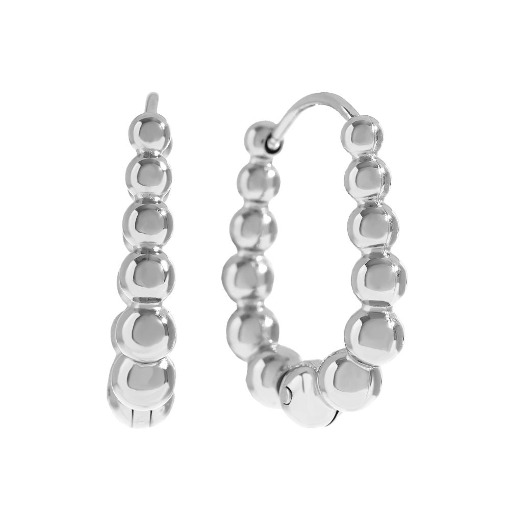 Silver hoop earrings with beaded design on a white background